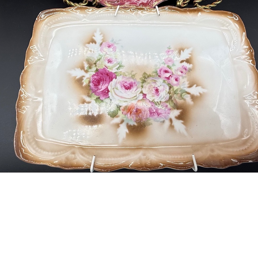 Vintage Porcelain Floral Dresser Tray Pink Roses Scalloped Edge Vanity Dish